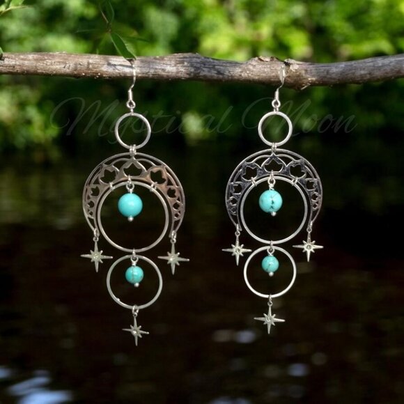Boho Celestial Crescent Moon Dangle Earrings with Turquoise Gemstone Beads - Picture 5 of 5